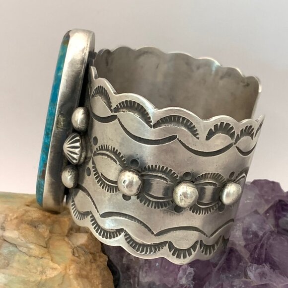 Navajo Kingsman Turquoise Stamped Sterling Silver Large Cuff Bracelet Butte J815 - Picture 5 of 8